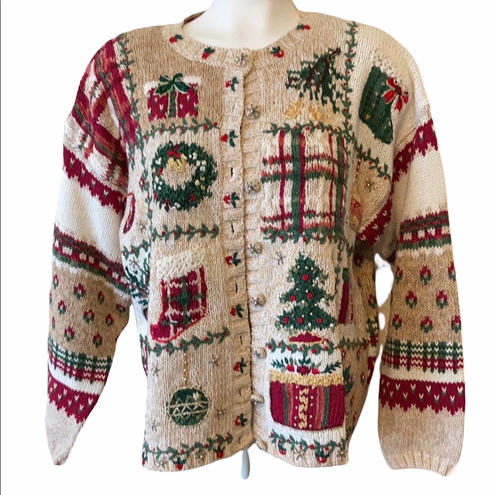 Tiara International Retro Christmas Sweater Embellished Cardigan, L